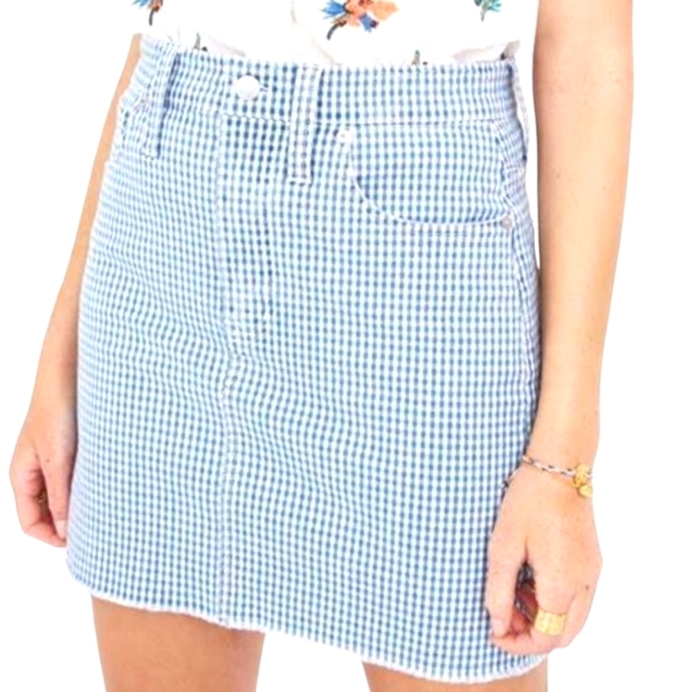 MADEWELL Sylvie Gingham Denim Mini Skirt Women Blue/Wh Pockets Raw Hem NWT Sz 25